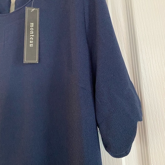 Monteau LA Jewel Neck Short Sleeves Scalloped Trim Sheath Dress Navy Blue Medium - Picture 6 of 11